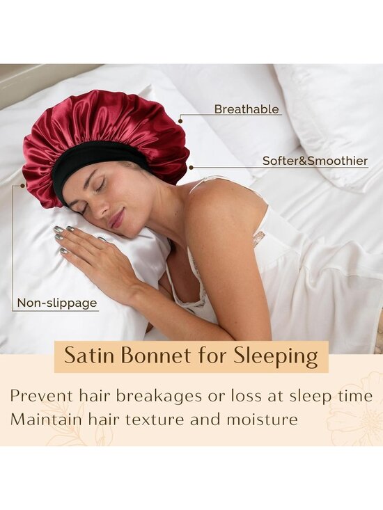 〽️Women Wine Red Silk Bonnet Sleeping Double Layer Satin Natural Curly Hair Cap